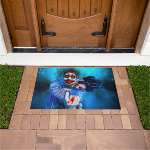 SlipperyJoe's menacing clown Happy Halloween red b Doormat