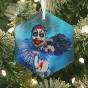 SlipperyJoe's menacing clown Happy Halloween red b Glass Ornament