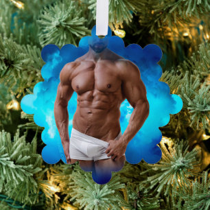 SlipperyJoe's muscular bearded man white underwear Ornament Card