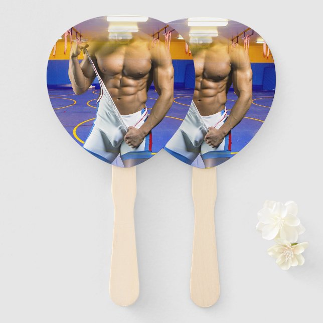SlipperyJoe's muscular man bulge six-pack gym trai Hand Fan (Front and Back)