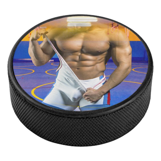 SlipperyJoe's muscular man bulge six-pack gym trai Hockey Puck (3/4)