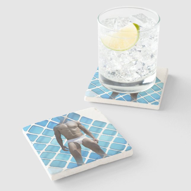 SlipperyJoe's muscular man six-pack abs white unde Stone Coaster (Side)