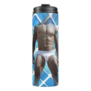 SlipperyJoe's muscular man six-pack abs white unde Thermal Tumbler