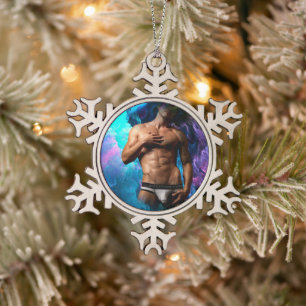 SlipperyJoe's muscular man underwear bulge cosmic  Snowflake Pewter Christmas Ornament
