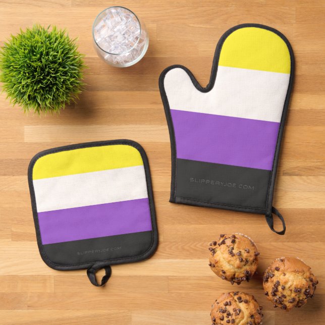 SlipperyJoe's Nonbinary Pride Flag yellow white pu Oven Mitt & Pot Holder Set (Top Down)