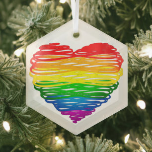 SlipperyJoe's Pride Heart Scribbles gay pride gift Glass Ornament