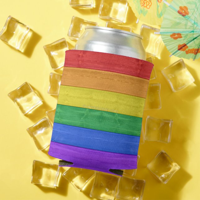 SlipperyJoe's pride wooden flag horizontal rainbow Can Cooler (In Situ Summer)