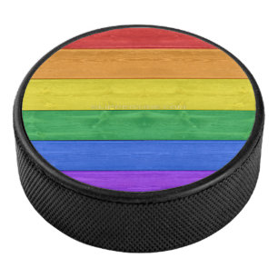 SlipperyJoe's pride wooden flag horizontal rainbow Hockey Puck