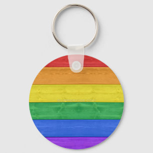 SlipperyJoe's pride wooden flag horizontal rainbow Keychain