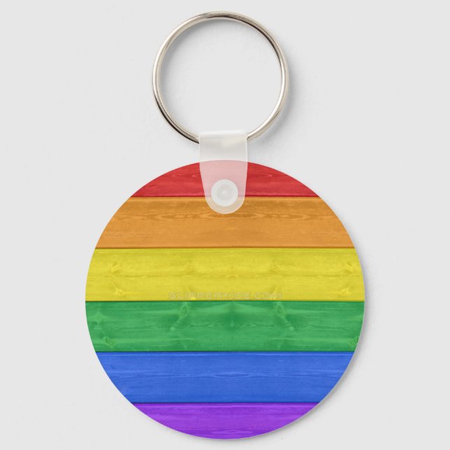 SlipperyJoe's pride wooden flag horizontal rainbow Keychain (Front)