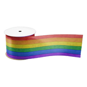 SlipperyJoe's pride wooden flag horizontal rainbow Satin Ribbon
