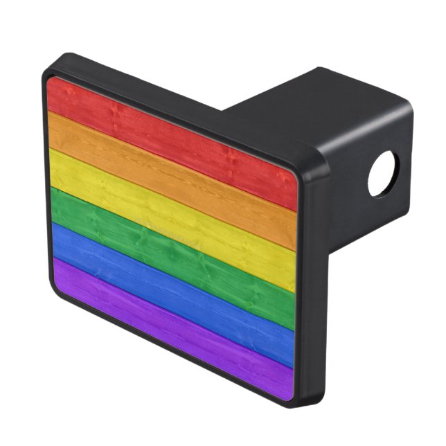 SlipperyJoe's pride wooden flag horizontal rainbow Trailer Hitch Cover (Top Right)