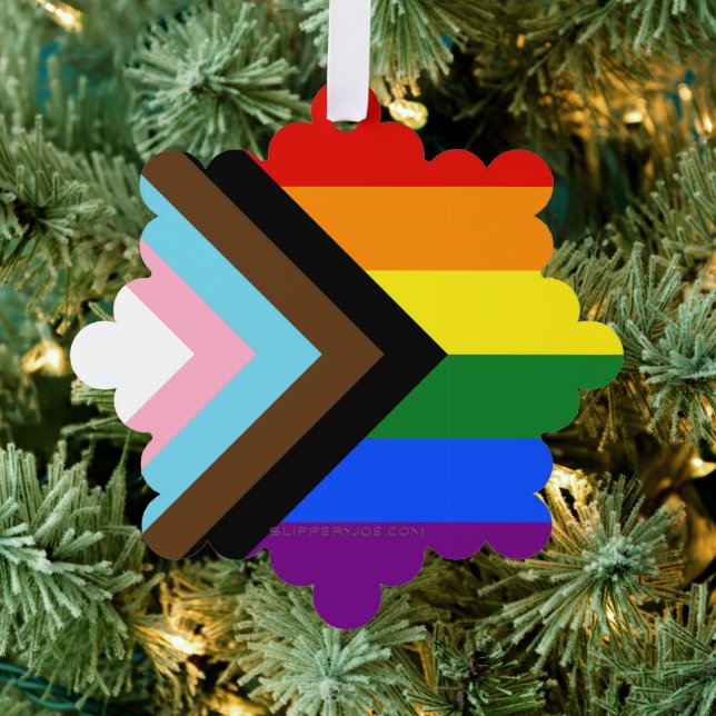 SlipperyJoe's Progress Pride Flag gay gifts LGBTQI Ornament Card (Insitu (Tree))