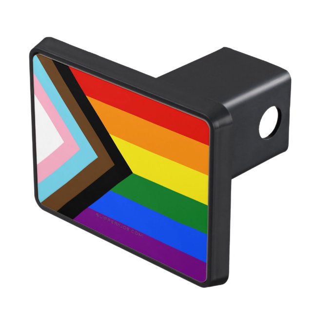 SlipperyJoe's Progress Pride Flag gay gifts LGBTQI Trailer Hitch Cover (Top Right)