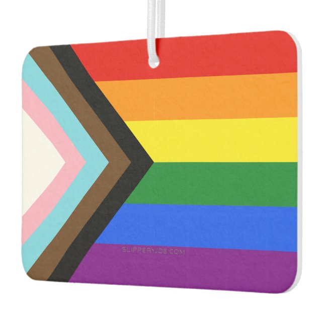 SlipperyJoe's Progress Pride Flag six classic hori Air Freshener (Left)