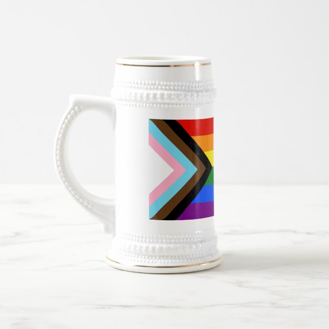 SlipperyJoe's Progress Pride Flag six classic hori Beer Stein (Left)