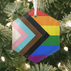 SlipperyJoe's Progress Pride Flag six classic hori Glass Ornament