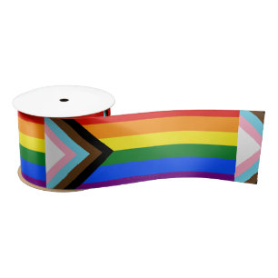 SlipperyJoe's Progress Pride Flag six classic hori Satin Ribbon