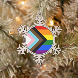 SlipperyJoe's Progress Pride Flag six classic hori Snowflake Pewter Christmas Ornament