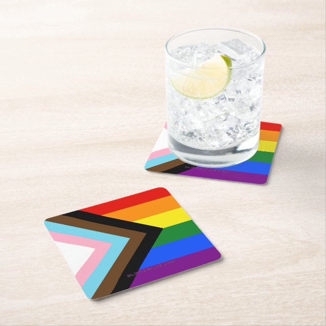 SlipperyJoe's Progress Pride Flag six classic hori Square Paper Coaster (Insitu)