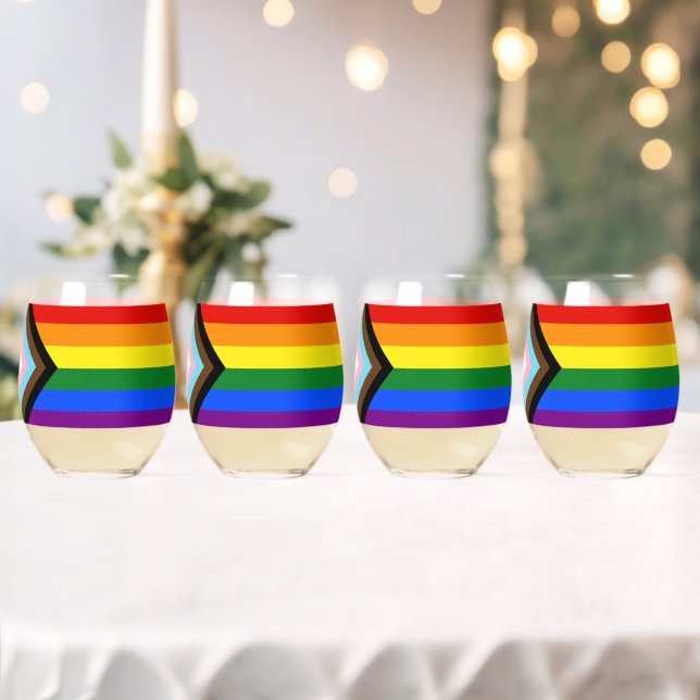 SlipperyJoe's Progress Pride Flag six classic hori Stemless Wine Glass (Insitu (Wedding))