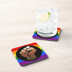 SlipperyJoe's queer people colour flag raised fist Coaster