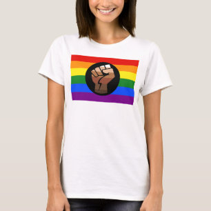 SlipperyJoe's queer people colour flag raised fist T-Shirt