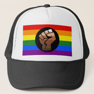 SlipperyJoe's queer people colour flag raised fist Trucker Hat