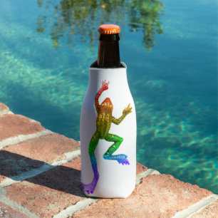 SlipperyJoe's rainbow coloured frog rendered sculp Bottle Cooler