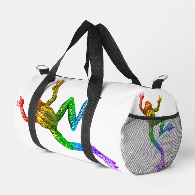 SlipperyJoe's rainbow coloured frog rendered sculp Duffle Bag (Right Corner)