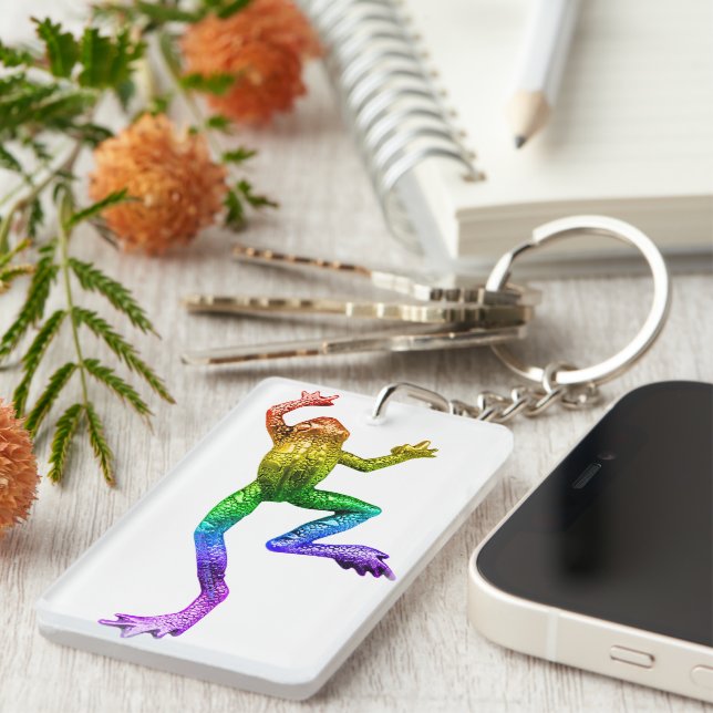 SlipperyJoe's rainbow coloured frog rendered sculp Keychain (Front Right)