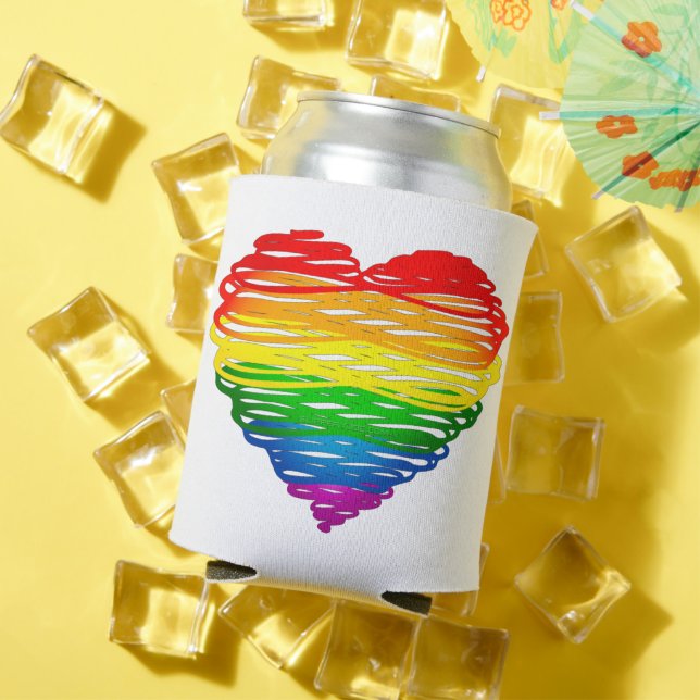 SlipperyJoe's rainbow coloured heart scribbled swi Can Cooler (In Situ Summer)