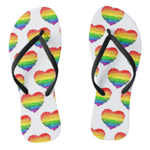 SlipperyJoe's rainbow coloured heart scribbled swi Flip Flops