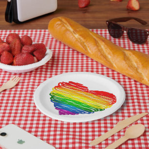 SlipperyJoe's rainbow coloured heart scribbled swi Paper Plate