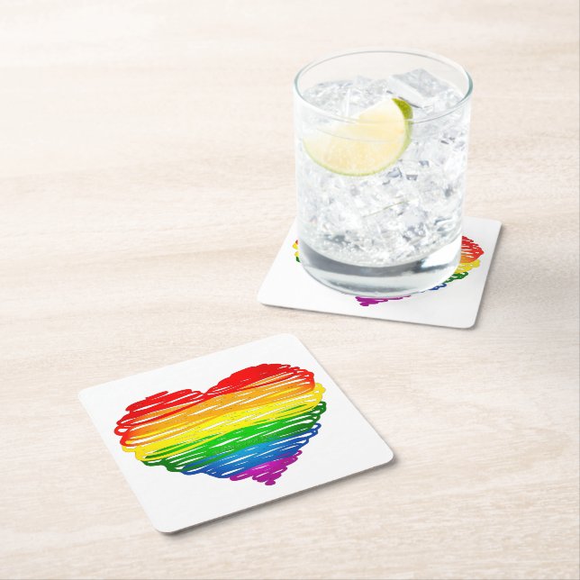 SlipperyJoe's rainbow coloured heart scribbled swi Square Paper Coaster (Insitu)