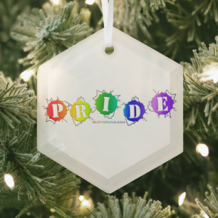 SlipperyJoe's rainbow coloured pride sign bursts w Glass Ornament