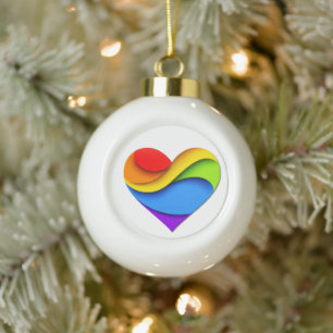 SlipperyJoe's rainbow layered heart shape red oran Ceramic Ball Christmas Ornament