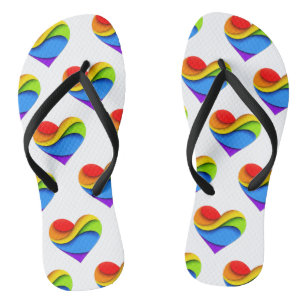 SlipperyJoe's rainbow layered heart shape red oran Flip Flops