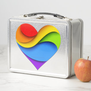 SlipperyJoe's rainbow layered heart shape red oran Metal Lunch Box