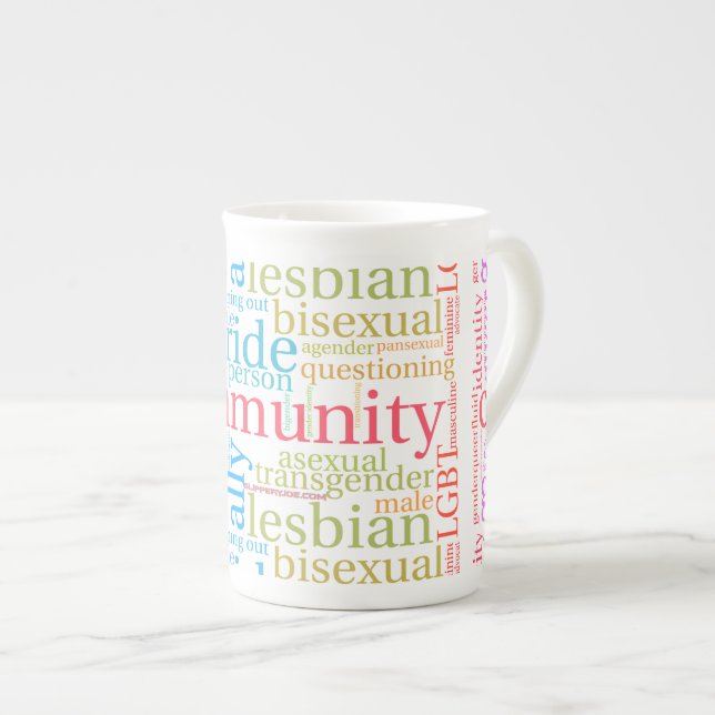 SlipperyJoe's rainbow LGBTQ+ community word cloud  Bone China Mug (Front Right)