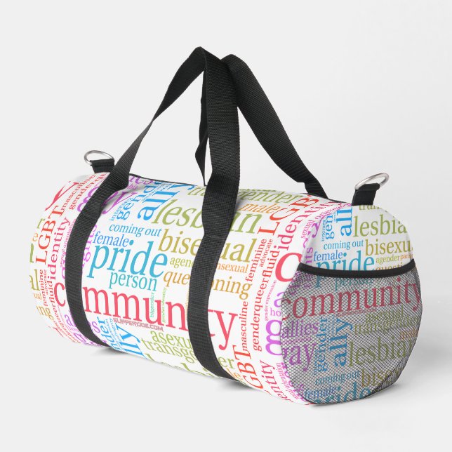 SlipperyJoe's rainbow LGBTQ+ community word cloud  Duffle Bag (Right Corner)