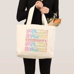SlipperyJoe's rainbow LGBTQ+ community word cloud Large Tote Bag