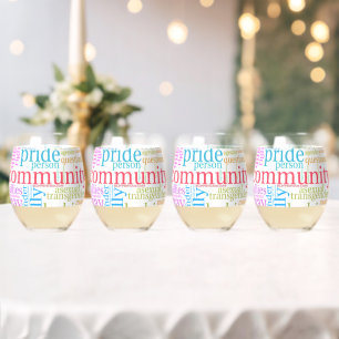 SlipperyJoe's rainbow LGBTQ+ community word cloud  Stemless Wine Glass