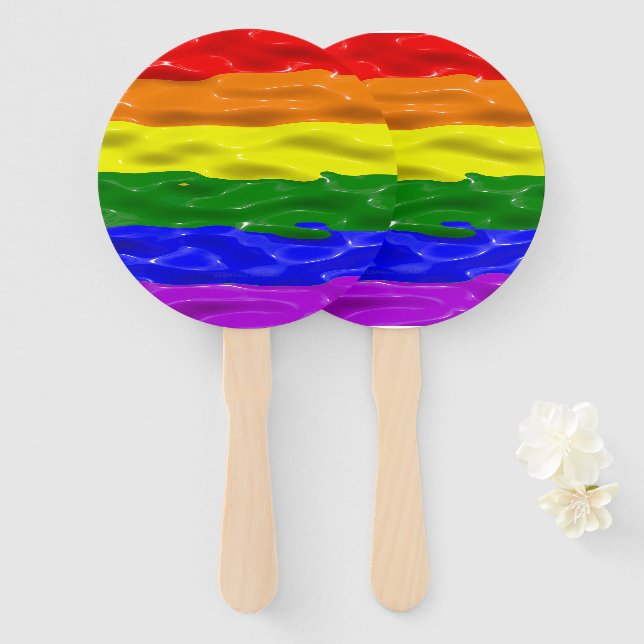 SlipperyJoe's rainbow pride colors glossy liquid t Hand Fan (Front and Back)