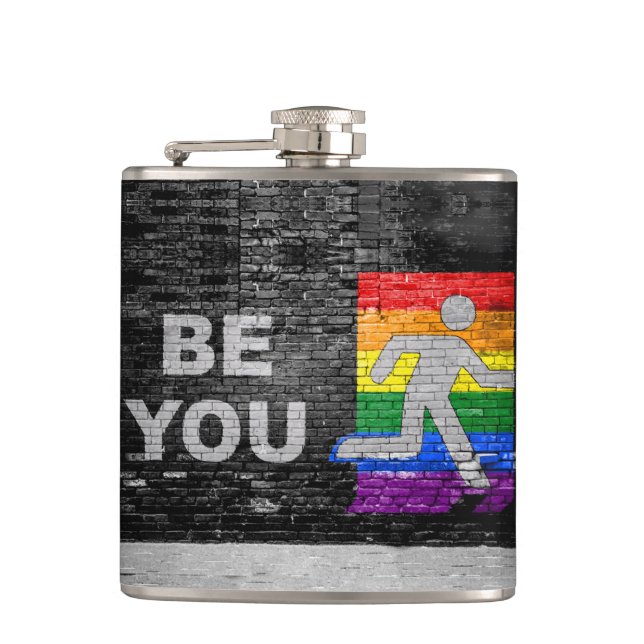 SlipperyJoe's rainbow pride colours panel urban st Hip Flask (Front)
