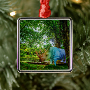 SlipperyJoe's rhinoceros lush tropical setting pri Metal Ornament