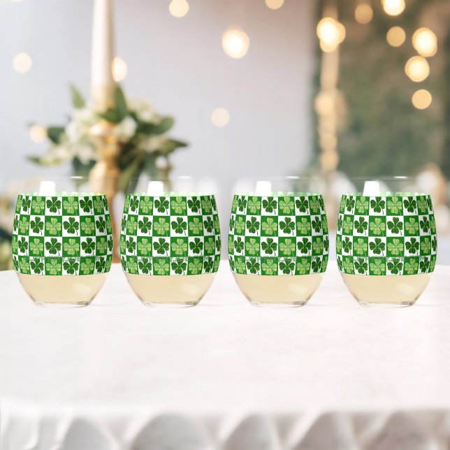 SlipperyJoe's Saint Patrick's Day four leaf clover Stemless Wine Glass (Insitu (Wedding))
