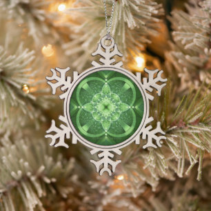 SlipperyJoe's Saint Patrick's Day glowing four lea Snowflake Pewter Christmas Ornament