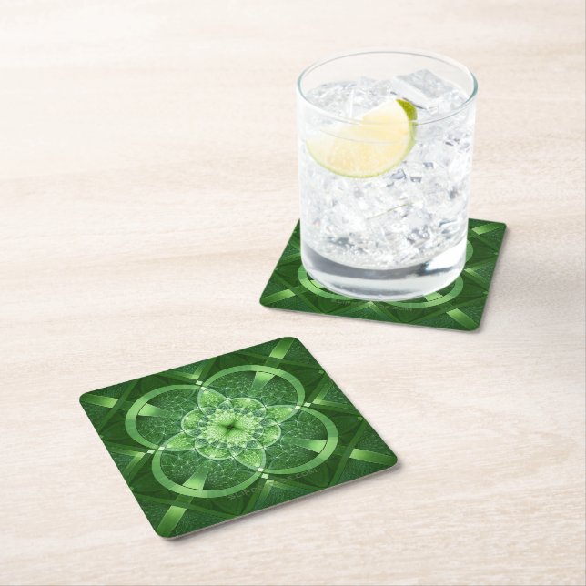 SlipperyJoe's Saint Patrick's Day glowing four lea Square Paper Coaster (Insitu)