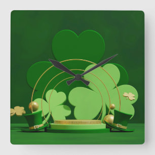 SlipperyJoe's Saint Patrick's Day three-leaf clove Square Wall Clock